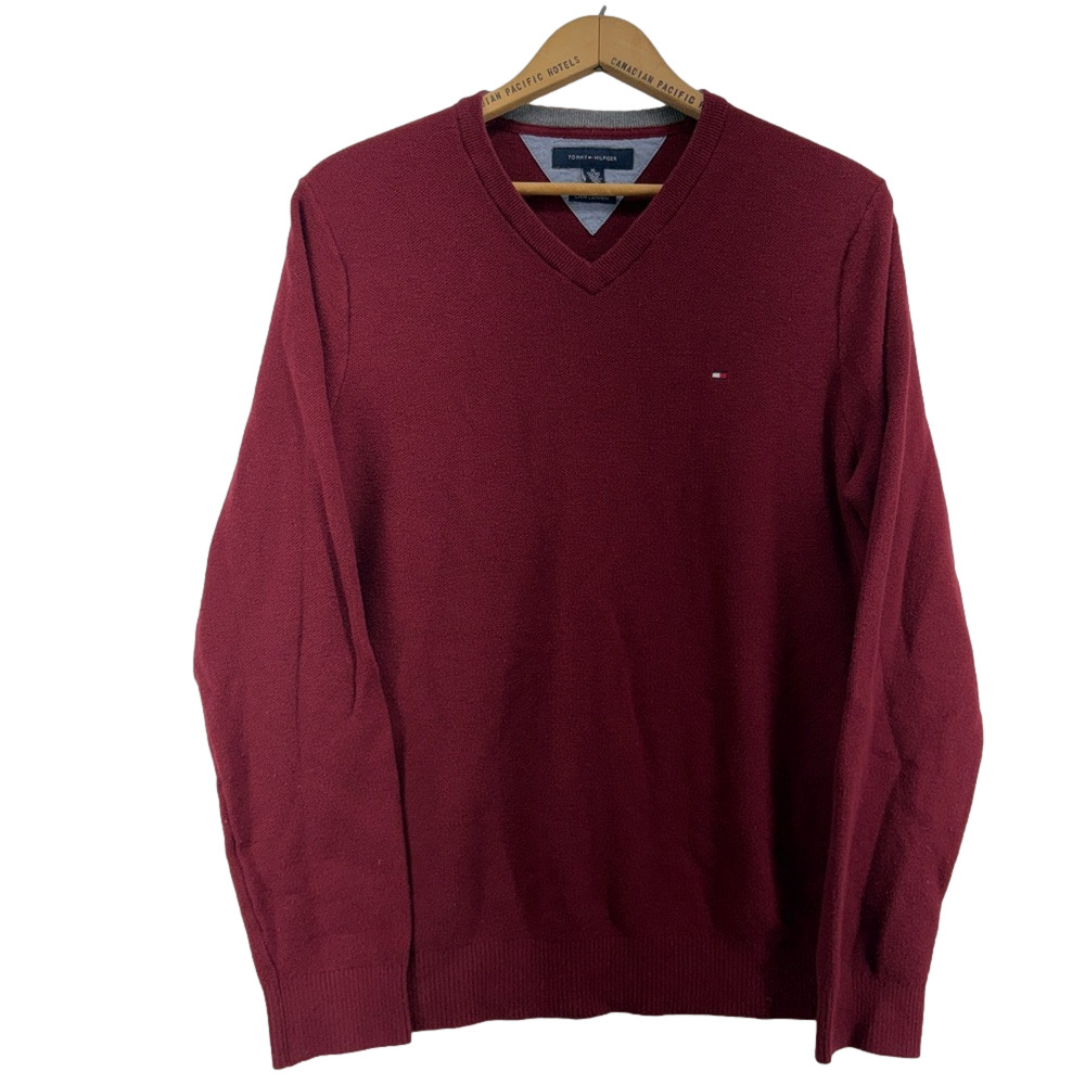 TOMMY HILFIGER Mens V-Neck Sweater Extra Large Red Coton Cashmere